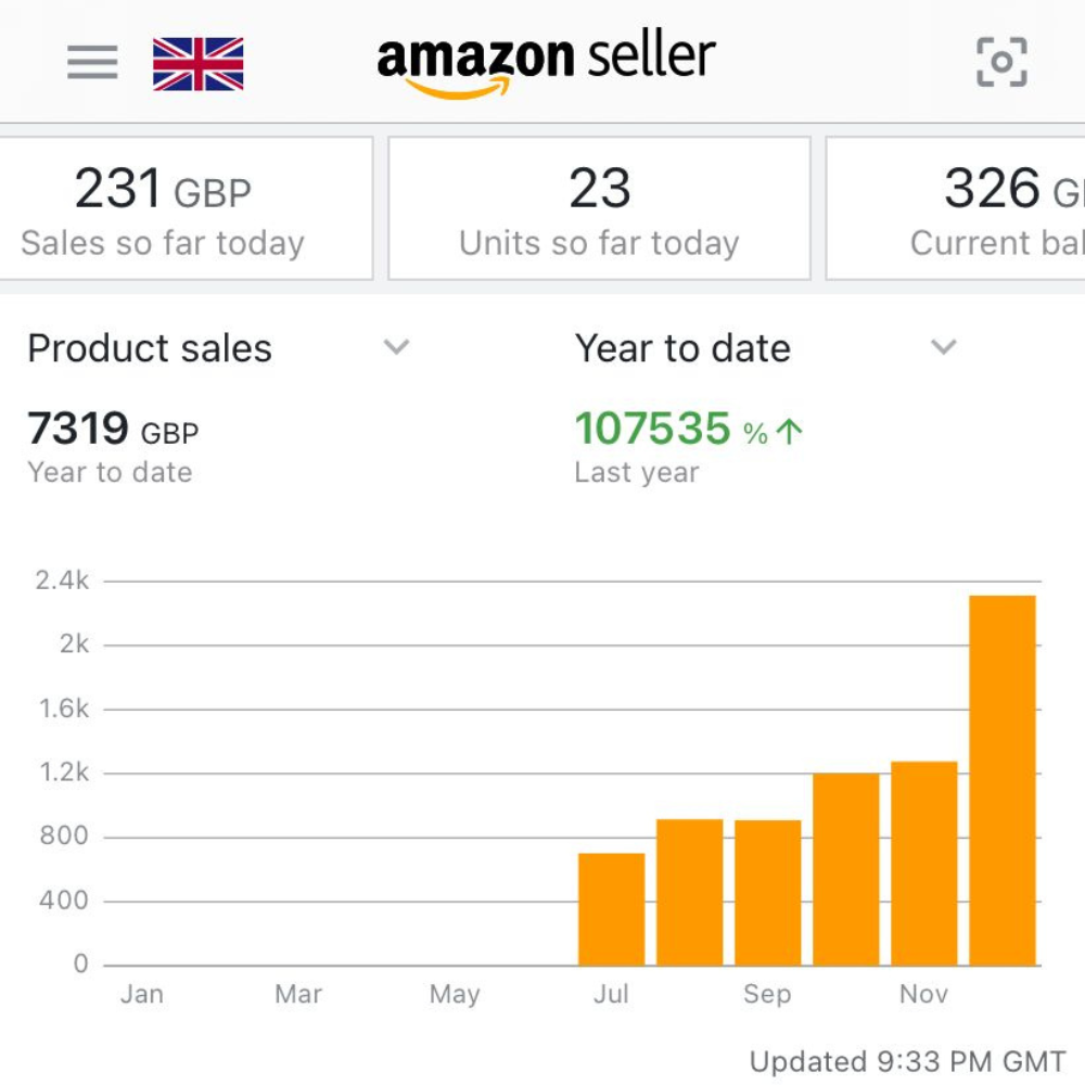 Graham's Amazon seller dashboard — £7,319 sales YTD, from zero